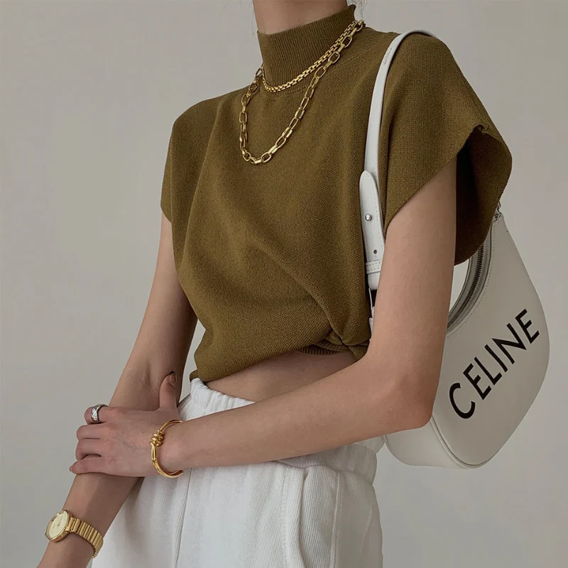 Blouse femme côtelée manches courtes col montant