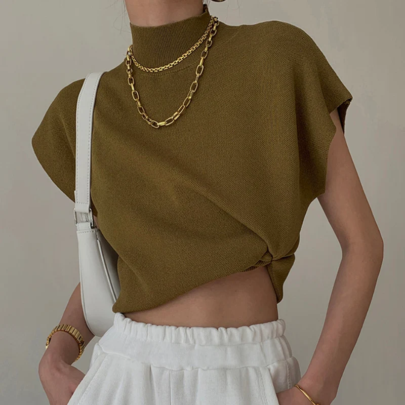 Blouse femme côtelée manches courtes col montant