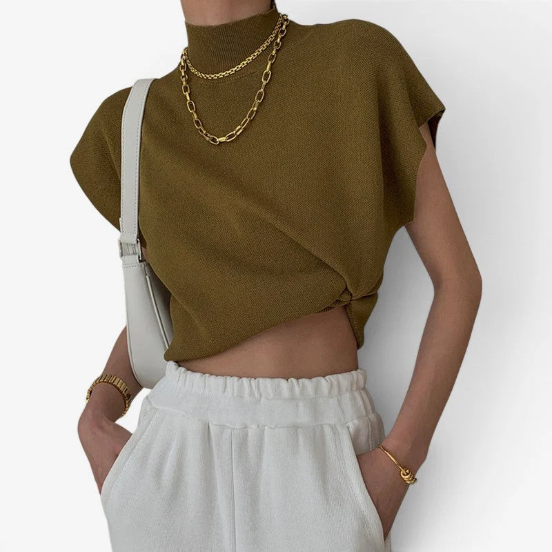 Blouse femme côtelée manches courtes col montant