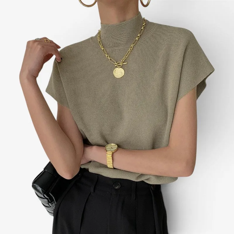 Blouse femme côtelée manches courtes col montant