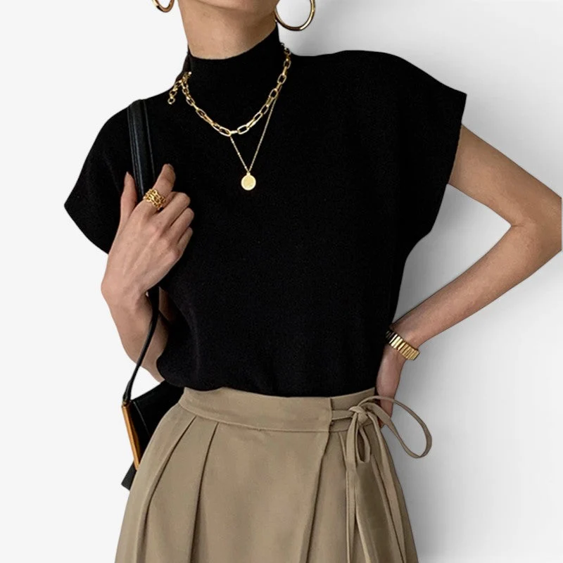 Blouse femme côtelée manches courtes col montant