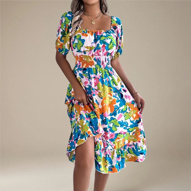 Robe Midi Fleurie à Épaules Dénudées