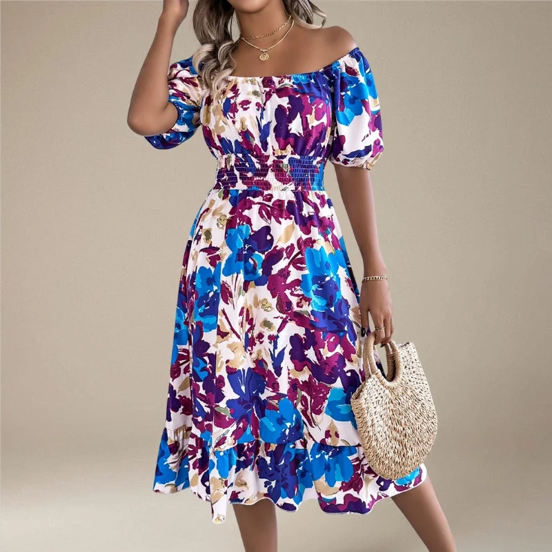 Robe Midi Fleurie à Épaules Dénudées