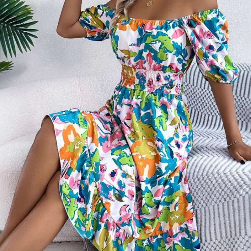 Robe Midi Fleurie à Épaules Dénudées