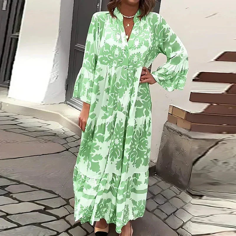 Robe Midi Imprimée à Col V et Manches Longues