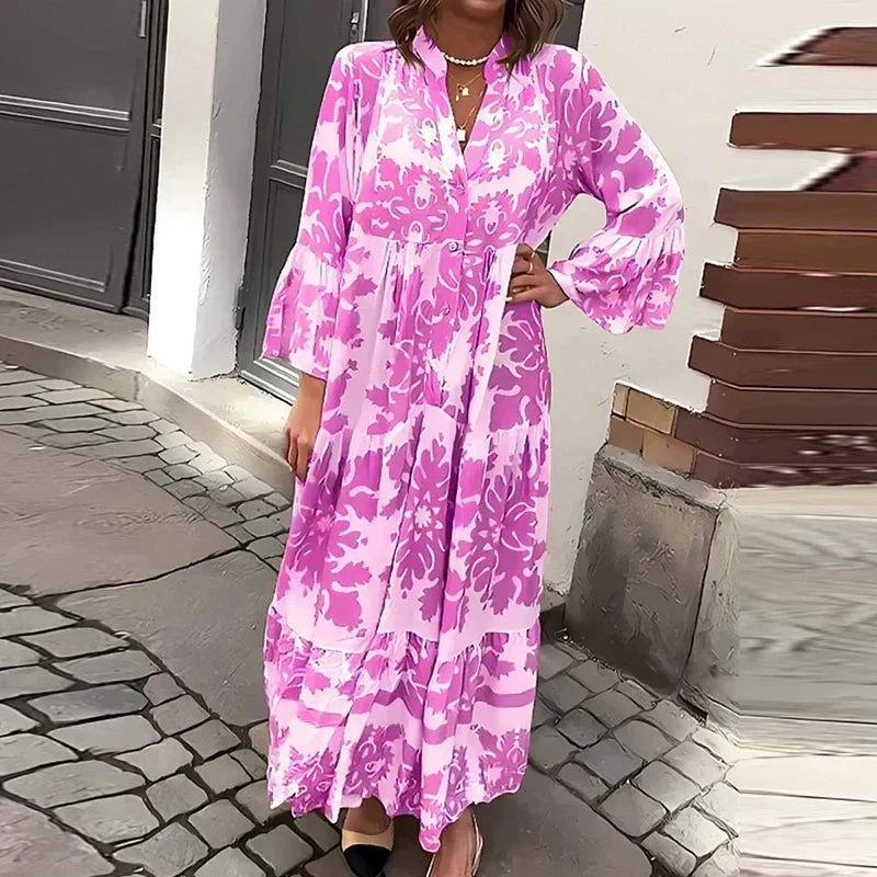 Robe Midi Imprimée à Col V et Manches Longues