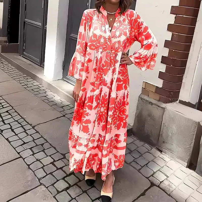 Robe Midi Imprimée à Col V et Manches Longues