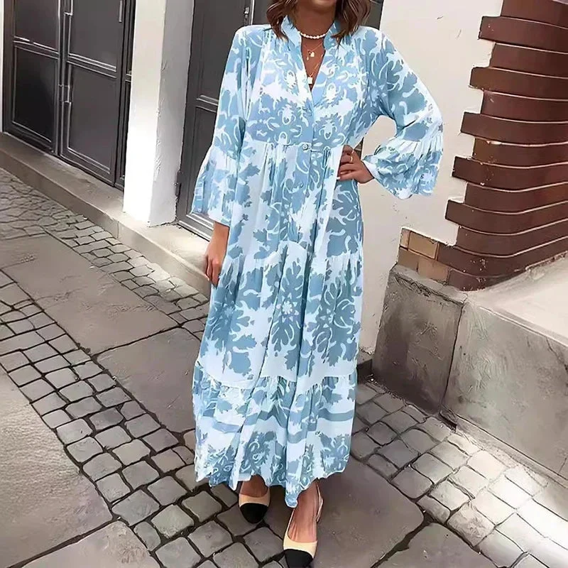 Robe Midi Imprimée à Col V et Manches Longues