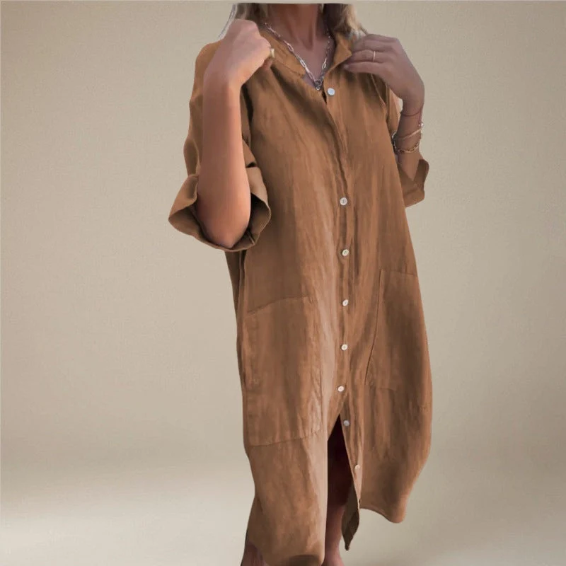 Robe Midi Boutonnée à Manches Longues