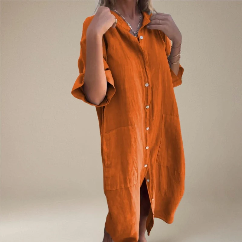 Robe Midi Boutonnée à Manches Longues
