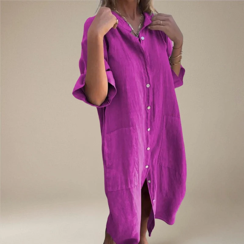 Robe Midi Boutonnée à Manches Longues