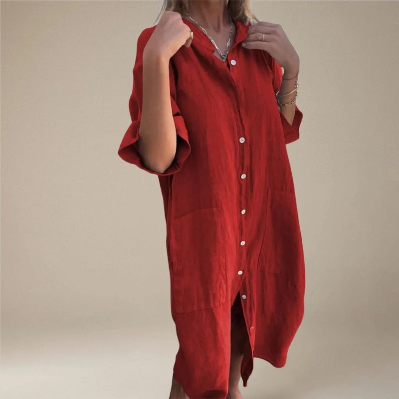 Robe Midi Boutonnée à Manches Longues