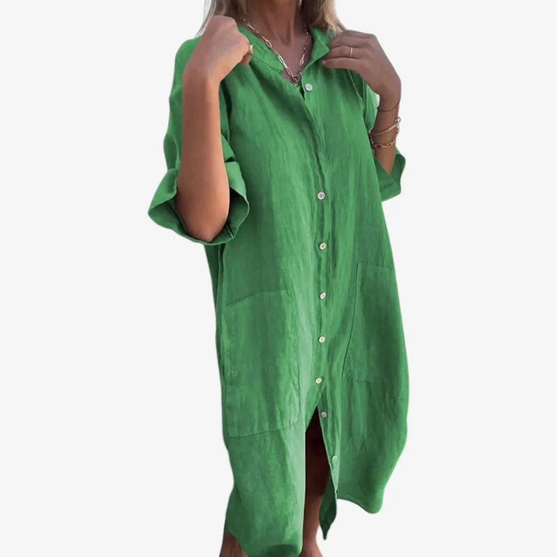 Robe Midi Boutonnée à Manches Longues