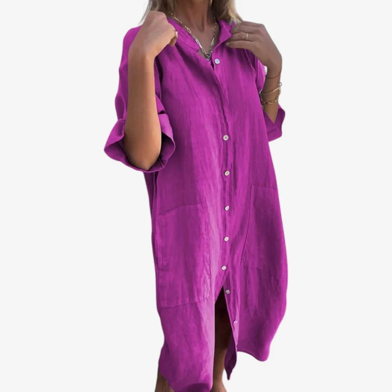 Robe Midi Boutonnée à Manches Longues