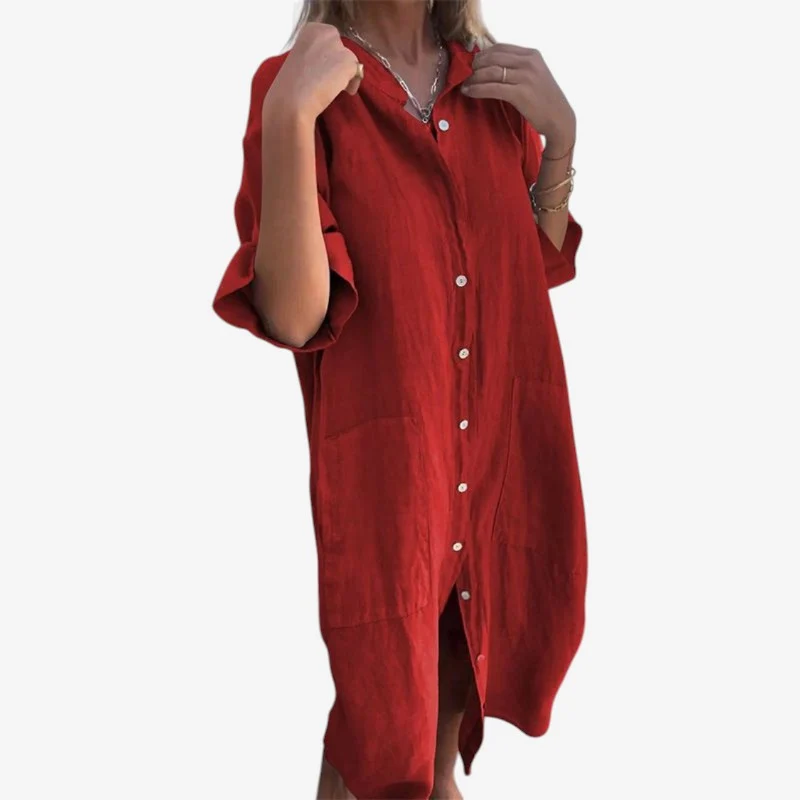 Robe Midi Boutonnée à Manches Longues