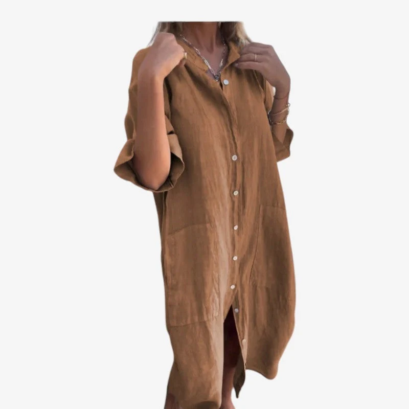 Robe Midi Boutonnée à Manches Longues