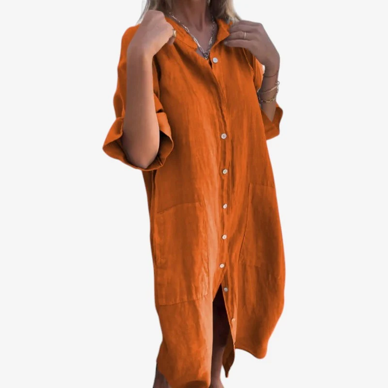 Robe Midi Boutonnée à Manches Longues