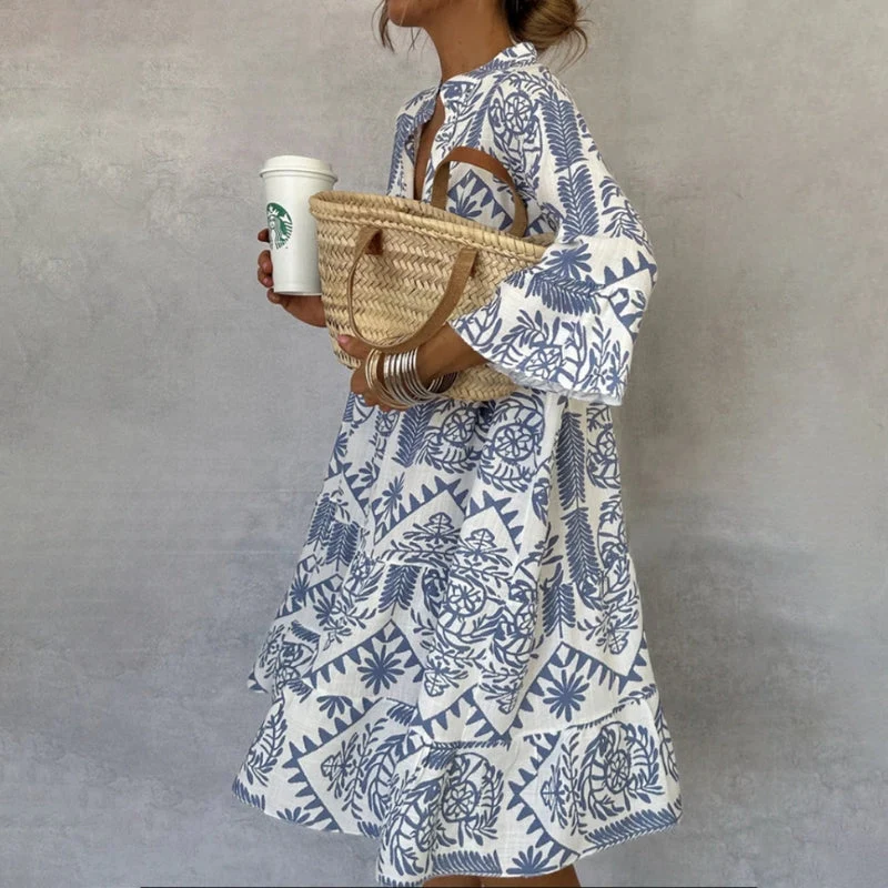Mini Robe à Manches Longues à Motif