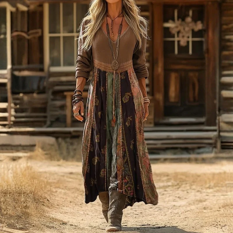 Robe Maxi à Manches Longues Col V
