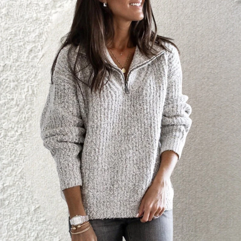 Pull zippé ample à manches longues en maille côtelée