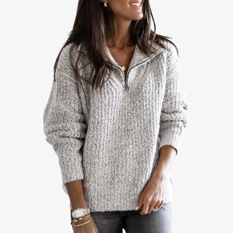 Pull zippé ample à manches longues en maille côtelée