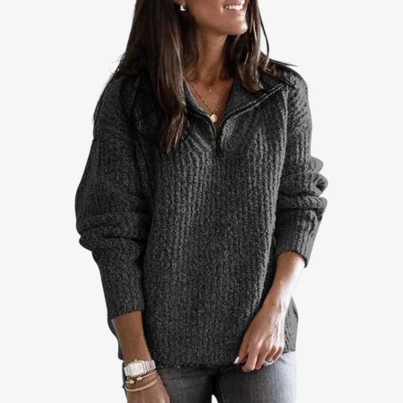 Pull zippé ample à manches longues en maille côtelée