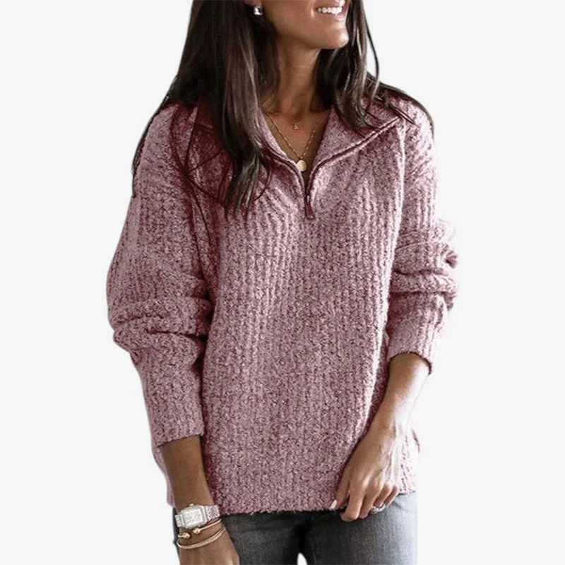 Pull zippé ample à manches longues en maille côtelée