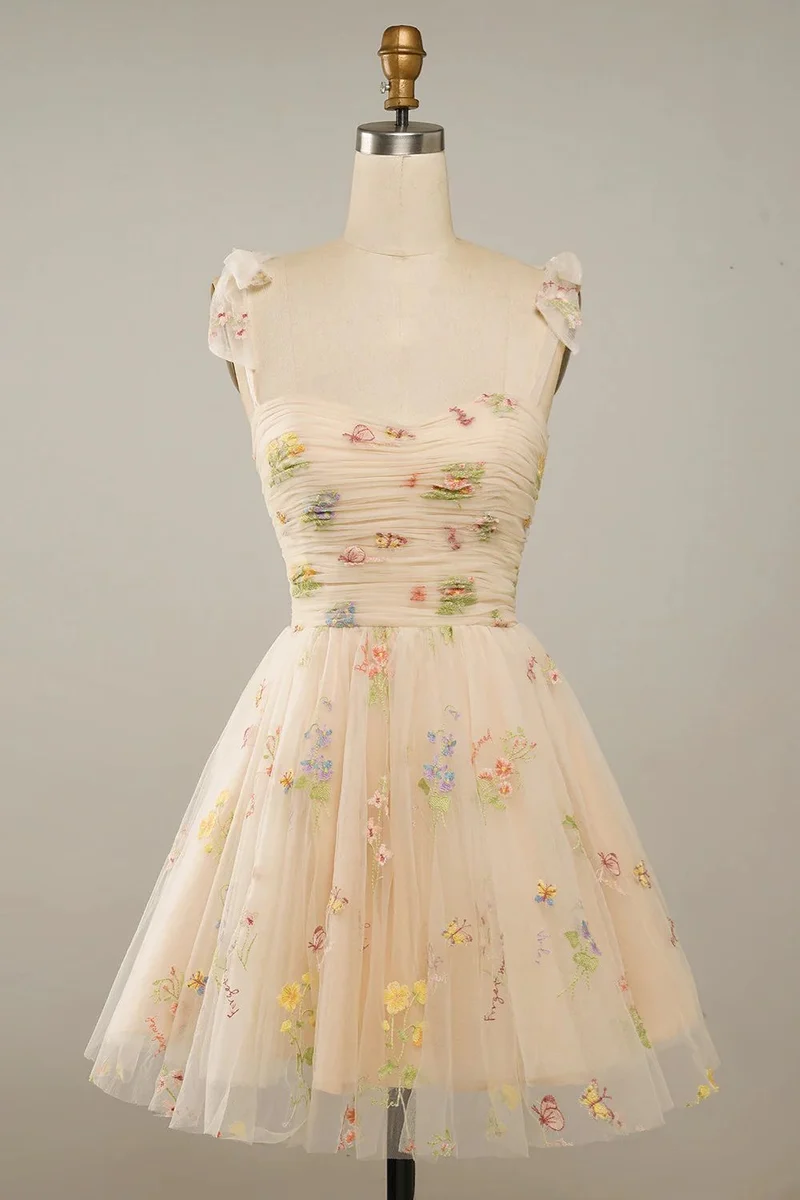 Robe de soirée brodée à fleurs champagne