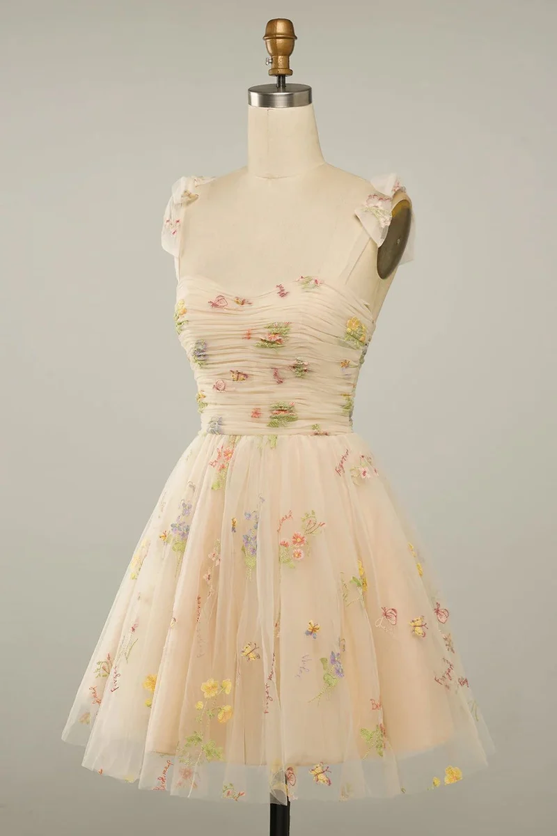 Robe de soirée brodée à fleurs champagne