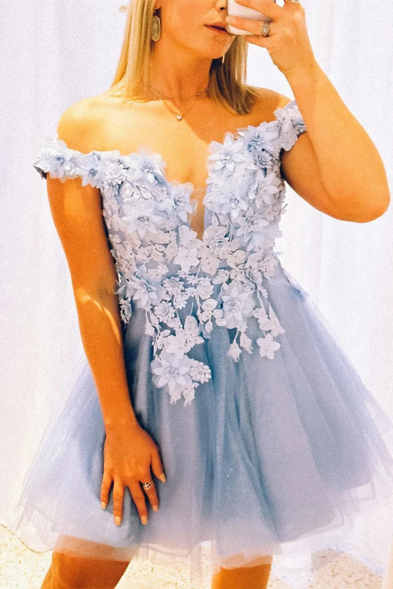 Robe de soirée unique à fleurs 3D bleu clair, épaules dénudées