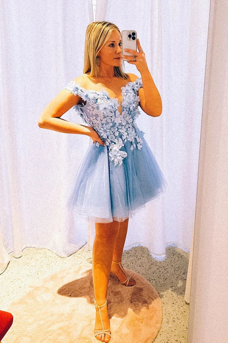 Robe de soirée unique à fleurs 3D bleu clair, épaules dénudées