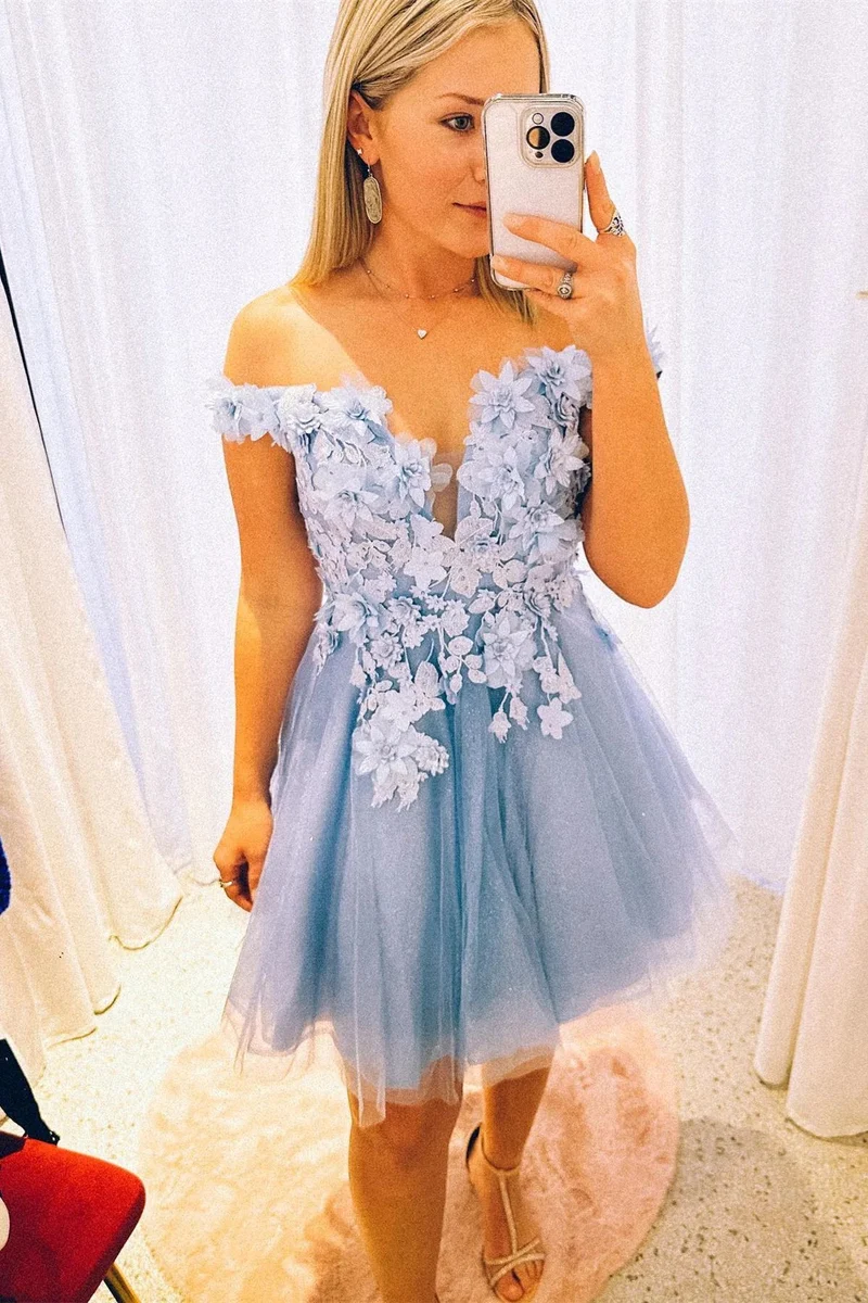Robe de soirée unique à fleurs 3D bleu clair, épaules dénudées