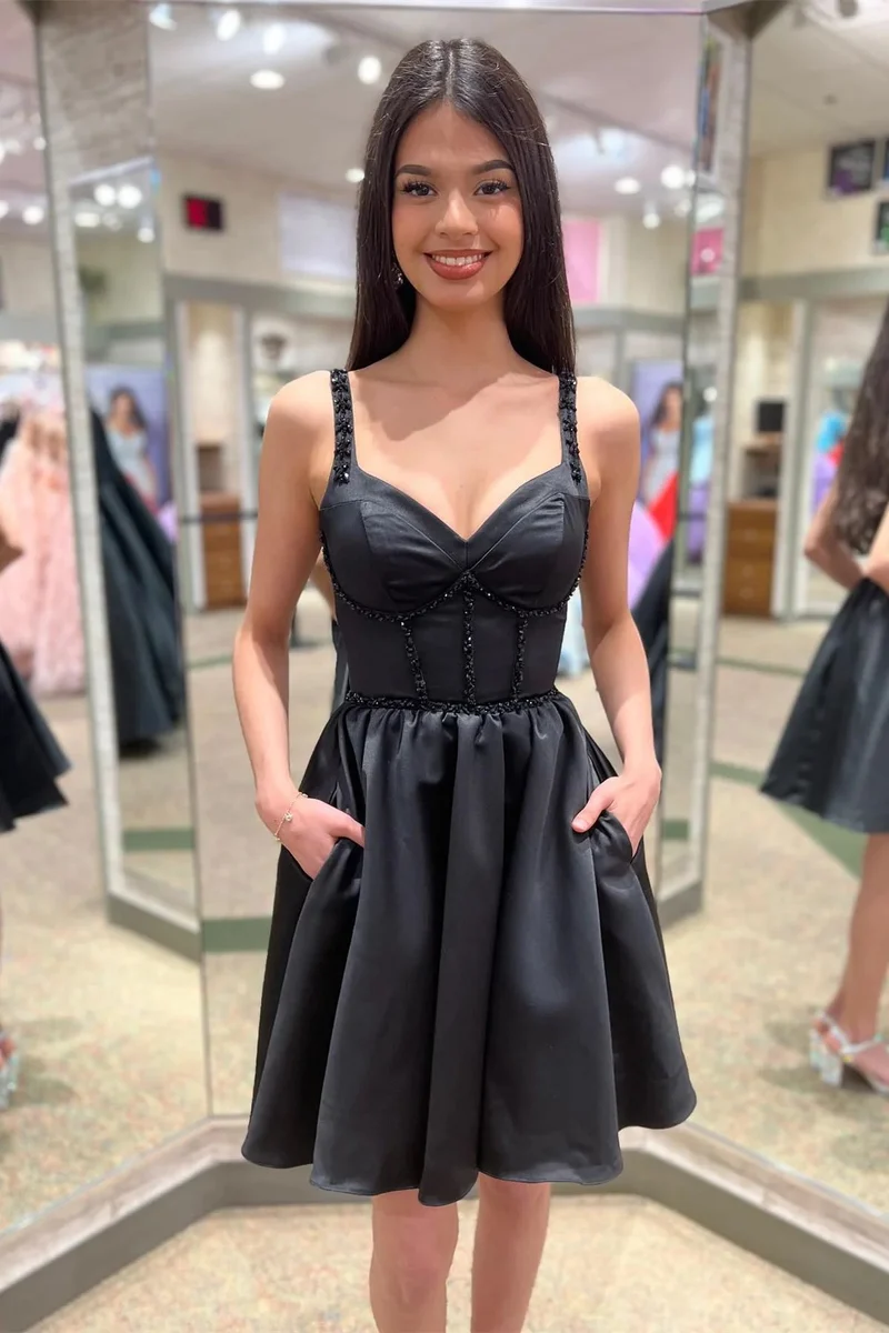 Robe de soirée courte noire en satin pour juniors avec poches