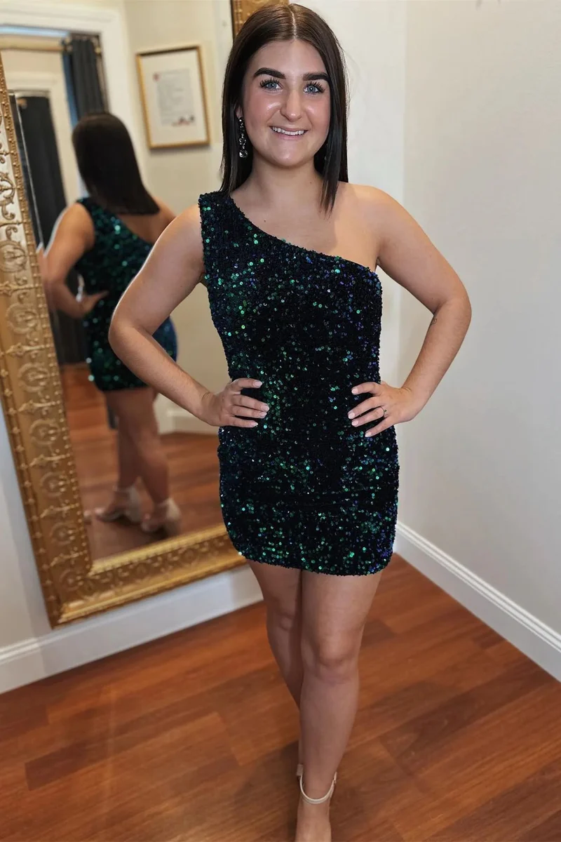 Robe de soirée moulante à une épaule et à paillettes bleu marine foncé