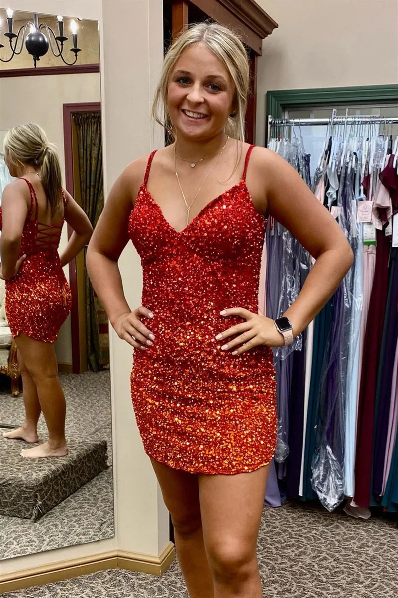 Robe courte de soirée moulante à paillettes rouges