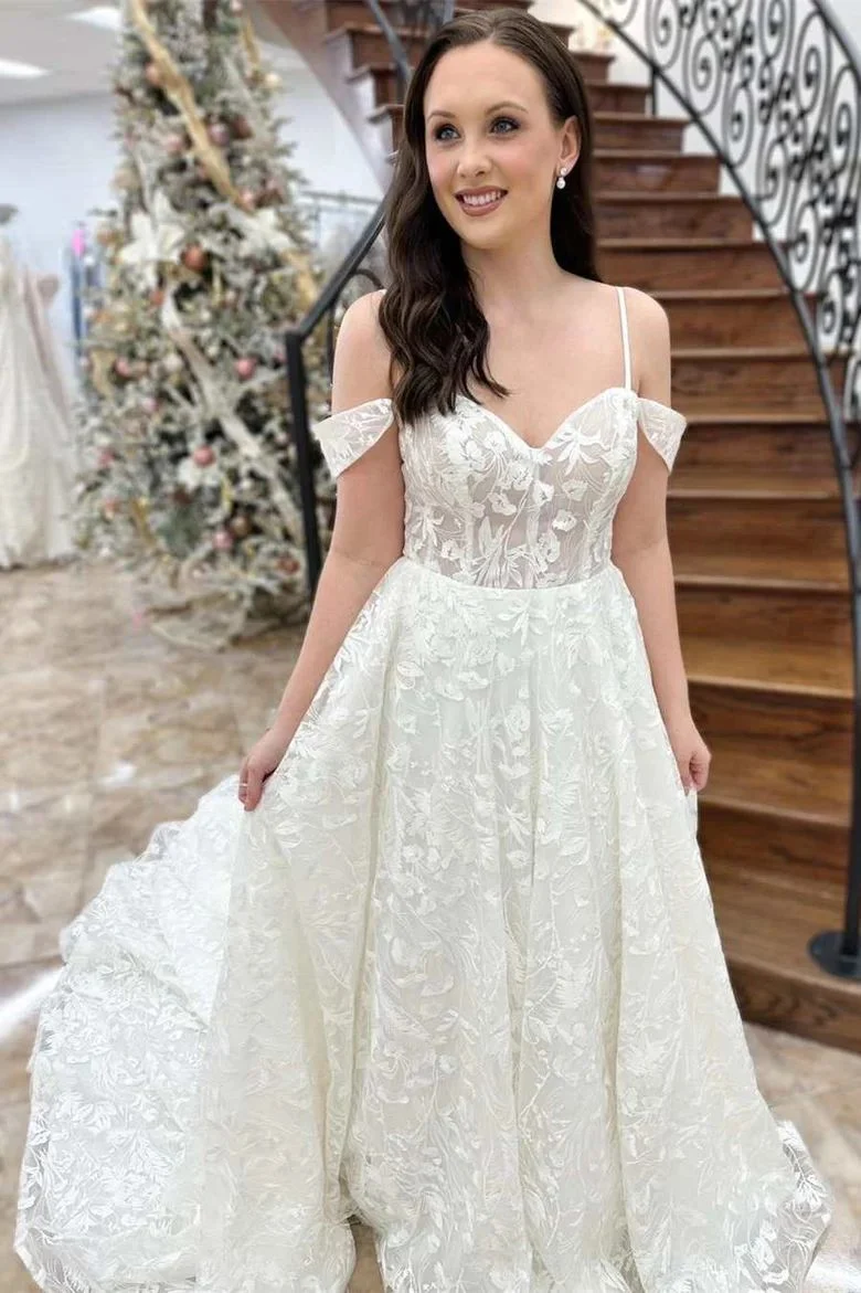 Robe de mariée trapèze en dentelle à épaules dénudées