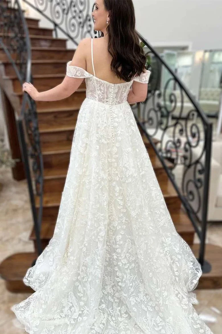 Robe de mariée trapèze en dentelle à épaules dénudées