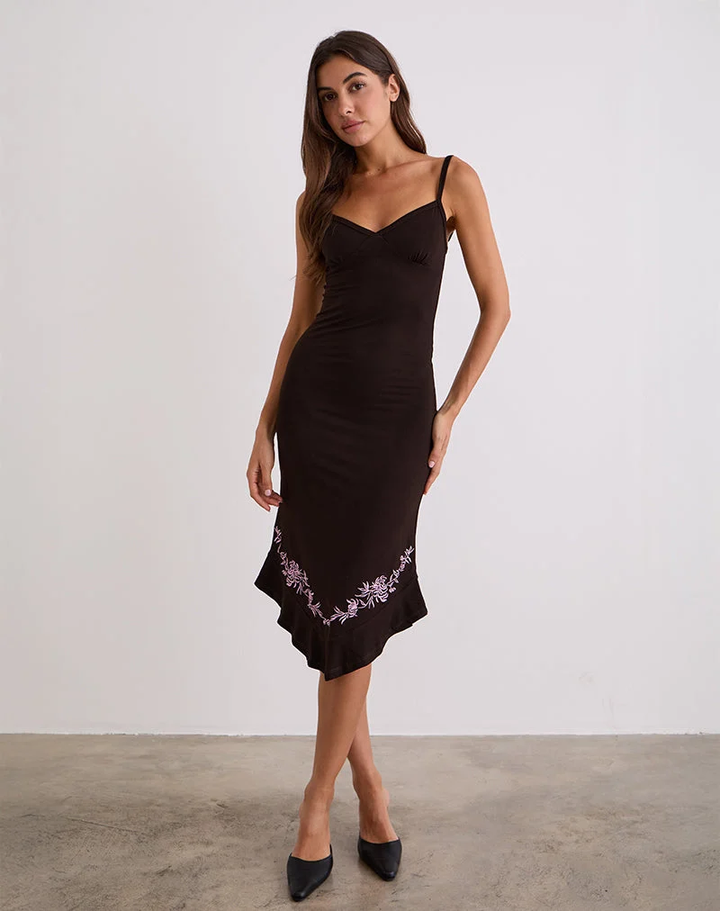 Quelin Midi Dress in Chocolate Brown with Rose Embroidery (Robe midi Quelin en brun chocolat avec broderie de roses)