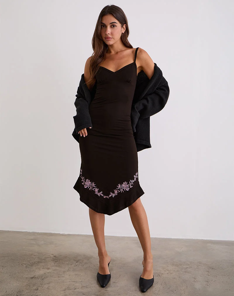 Quelin Midi Dress in Chocolate Brown with Rose Embroidery (Robe midi Quelin en brun chocolat avec broderie de roses)