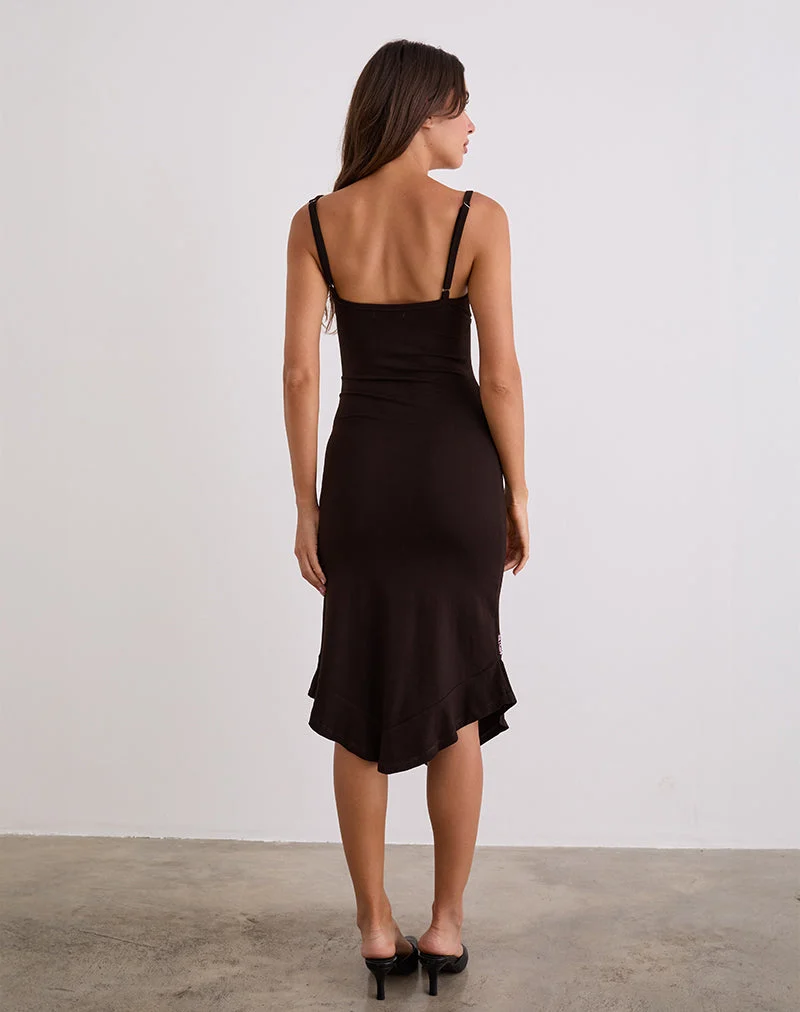 Quelin Midi Dress in Chocolate Brown with Rose Embroidery (Robe midi Quelin en brun chocolat avec broderie de roses)