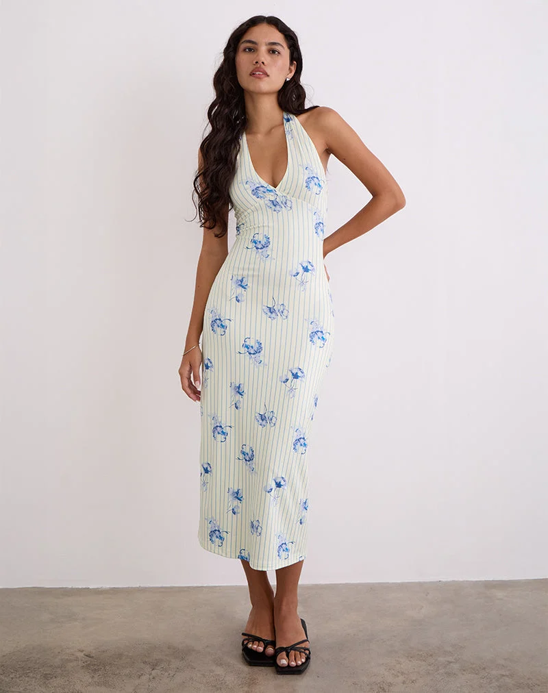 Fadwa Midi Dress in Floral Stripe Cream (robe midi à rayures florales)