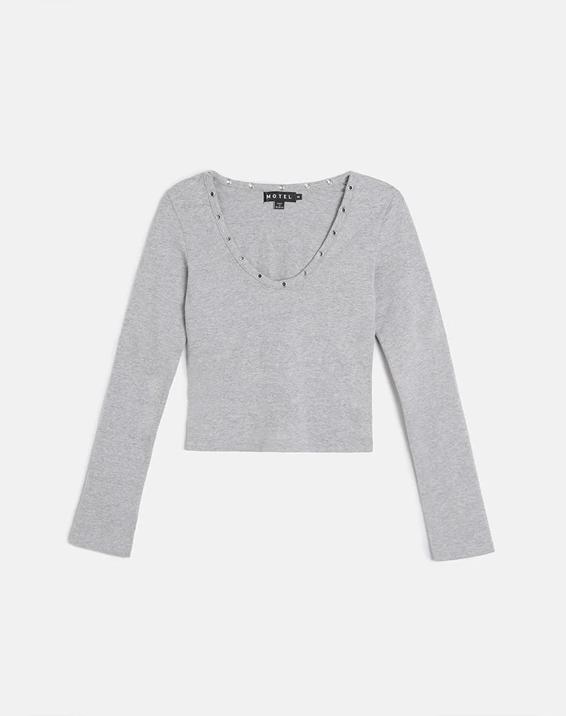 Myoga Studded Scoop Long Sleeve Top in Grey Marl (Top à manches longues encerclées et cloutées)