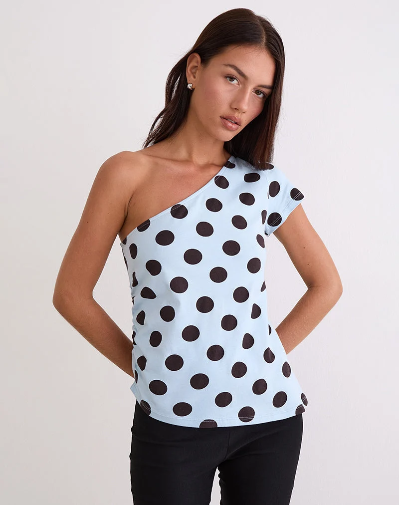 Tokiwa - T-shirt à épaules asymétriques, Big Polka Blue Brown