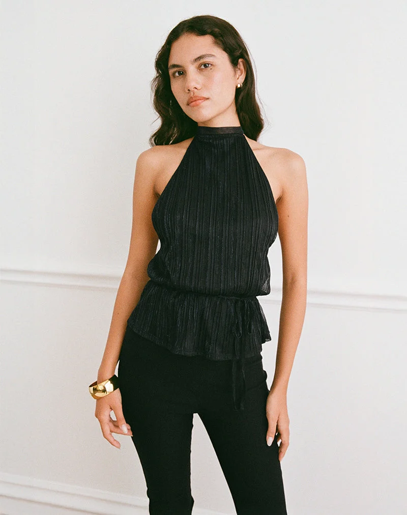 Brienne Top in Chiffon Plisse Black with Lining