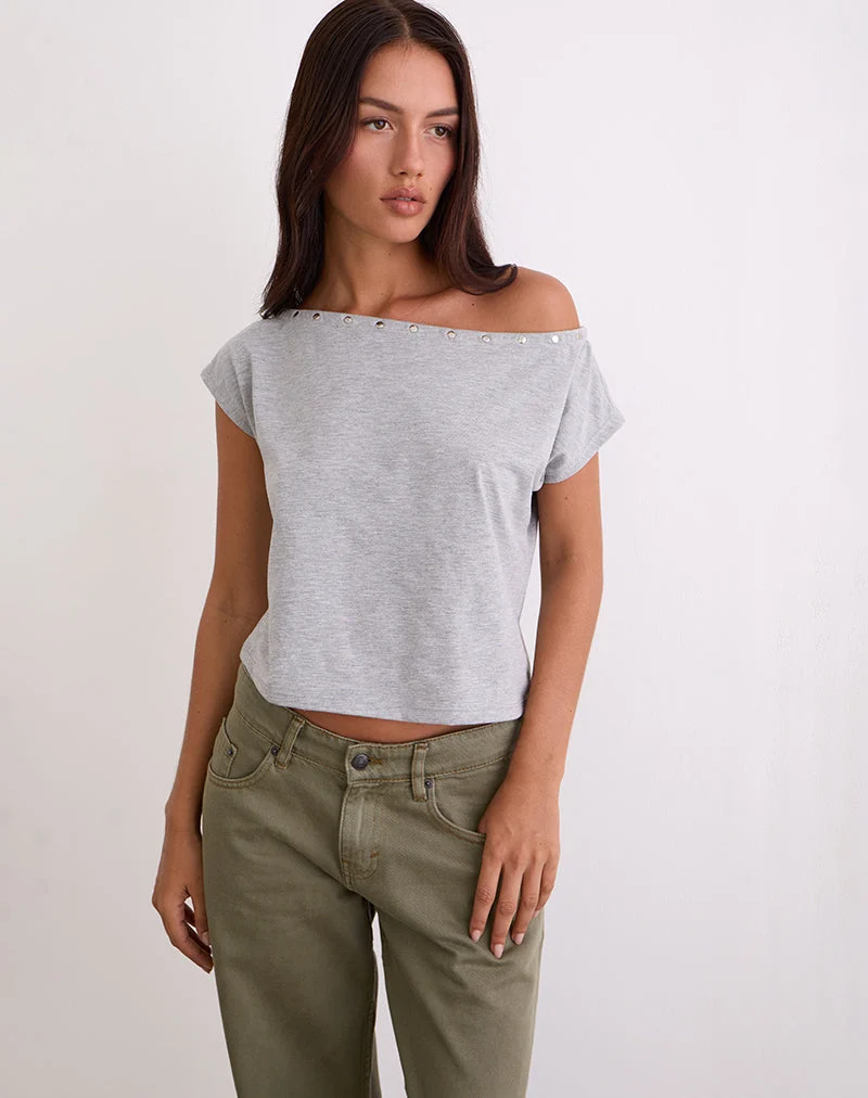 Top Bizzy à encolure cloutée en gris chiné