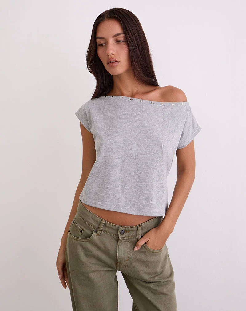 Top Bizzy à encolure cloutée en gris chiné