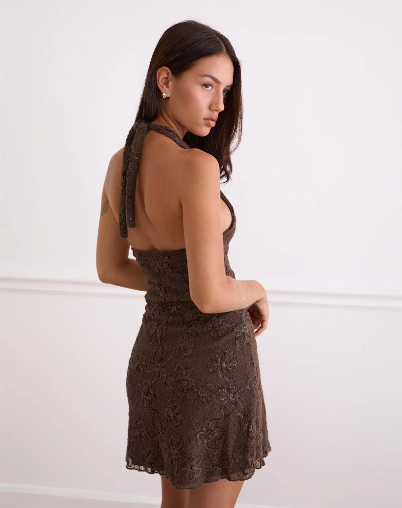 Codami - Mini robe dos nu en maille pailletée - Marron foncé
