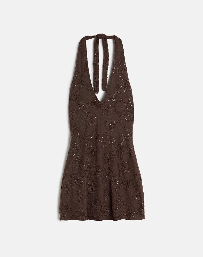 Codami - Mini robe dos nu en maille pailletée - Marron foncé