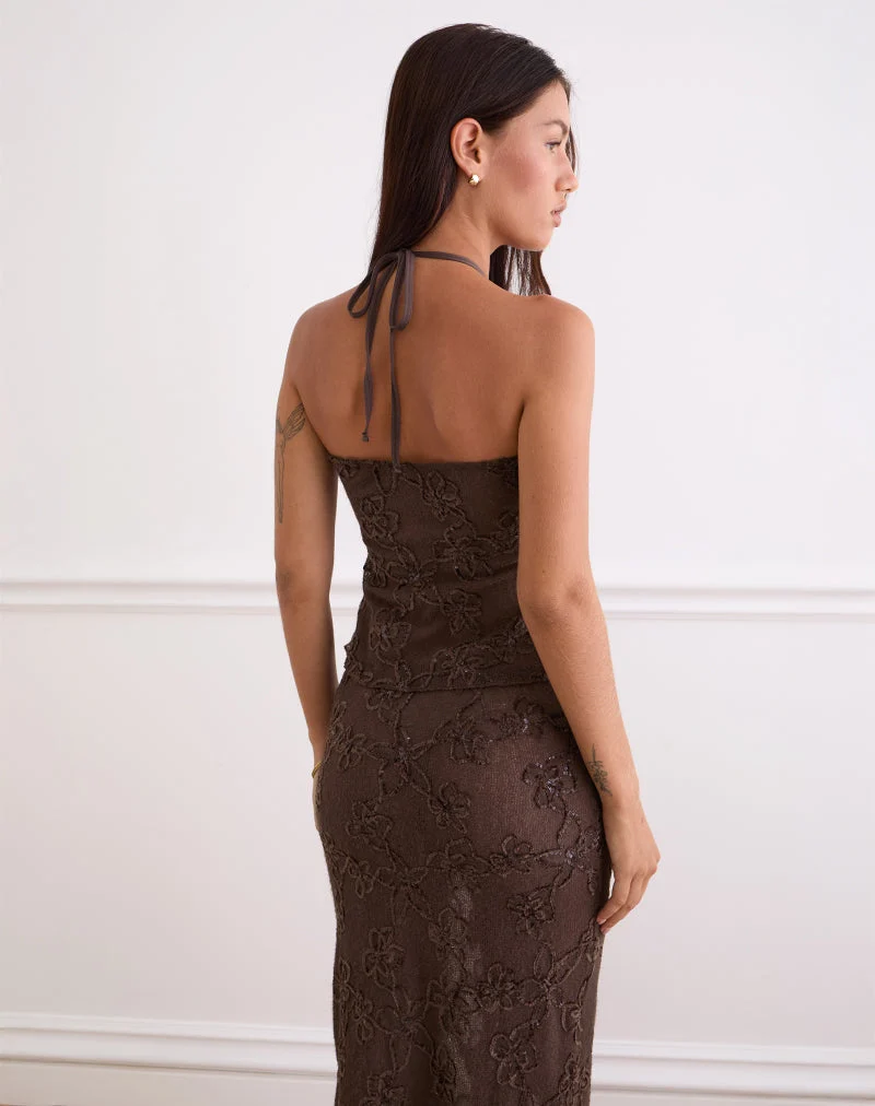 Ruwi Sequin Knit Halter Top in Dark Brown (Top dos nu en tricot à paillettes)