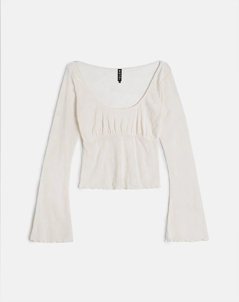 Aqsa Long Sleeve Top in Floral Flock Cream